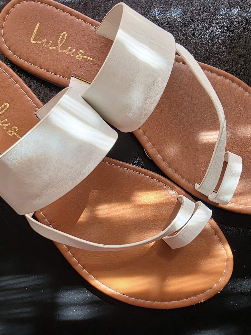 Lulu's White Slide Toe-Ring Brown Vegan Leather Sandals